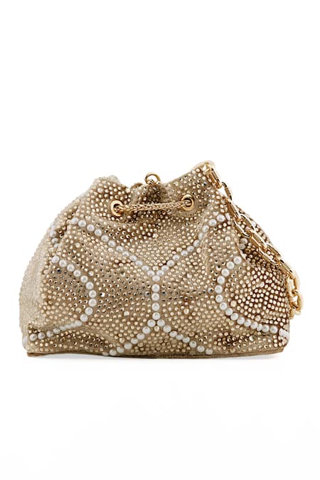 Shop House Of Bio Gold Crystal Swarovski Studded Bucket Bag at Aza Fashions Shop_House Of Bio_Gold Crystal Swarovski Studded Bucket Bag_at_Aza_Fashions
