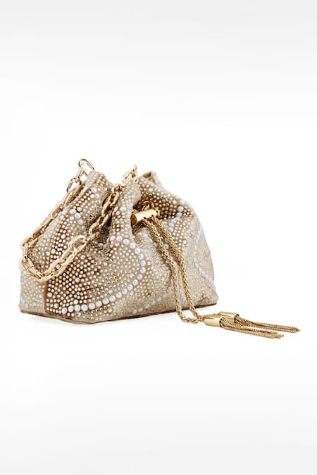 House Of Bio Gold Crystal Swarovski Studded Bucket Bag Online at Aza Fashions House Of Bio_Gold Crystal Swarovski Studded Bucket Bag_Online_at_Aza_Fashions