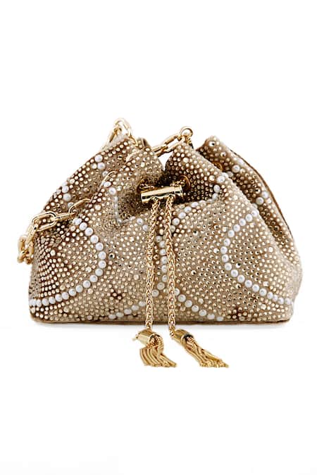 Shop House Of Bio Gold Crystal Swarovski Studded Bucket Bag Online at Aza Fashions Shop_House Of Bio_Gold Crystal Swarovski Studded Bucket Bag_Online_at_Aza_Fashions