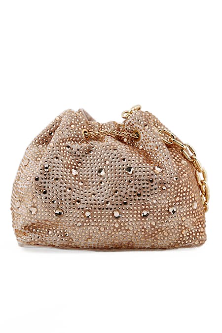 Shop_House Of Bio_Rose Gold Crystals Swarovski Stone Embellished Bucket Bag_at_Aza_Fashions