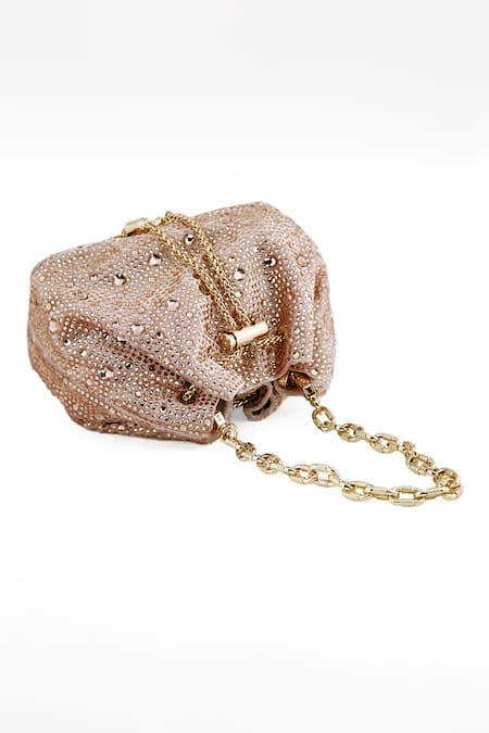 House Of Bio_Rose Gold Crystals Swarovski Stone Embellished Bucket Bag_Online_at_Aza_Fashions