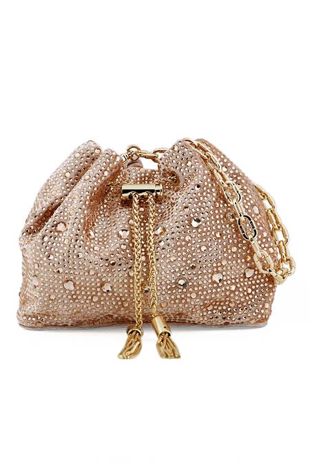 Buy_House Of Bio_Rose Gold Crystals Swarovski Stone Embellished Bucket Bag_Online_at_Aza_Fashions
