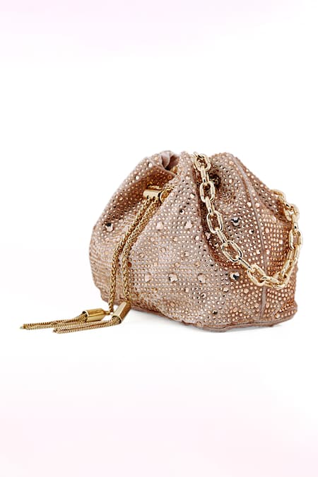 Shop_House Of Bio_Rose Gold Crystals Swarovski Stone Embellished Bucket Bag_Online_at_Aza_Fashions
