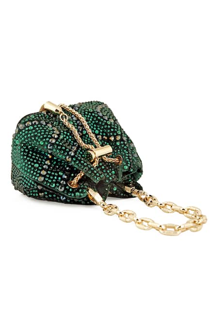 House Of Bio_Green Crystal Embellished Mini Bucket Bag_Online_at_Aza_Fashions