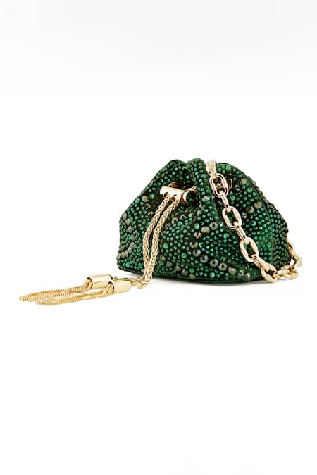 Buy_House Of Bio_Green Crystal Embellished Mini Bucket Bag_Online_at_Aza_Fashions