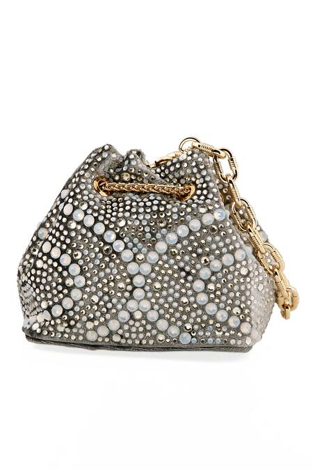 Shop House Of Bio Silver Crystal Embellished Mini Bucket Bag at Aza Fashions Shop_House Of Bio_Silver Crystal Embellished Mini Bucket Bag_at_Aza_Fashions