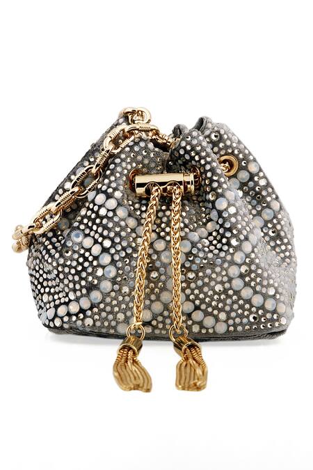 Buy House Of Bio Silver Crystal Embellished Mini Bucket Bag Online at Aza Fashions Buy_House Of Bio_Silver Crystal Embellished Mini Bucket Bag_Online_at_Aza_Fashions