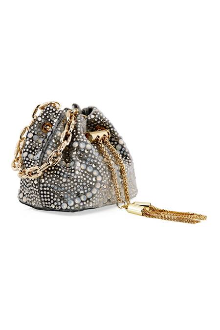 Shop House Of Bio Silver Crystal Embellished Mini Bucket Bag Online at Aza Fashions Shop_House Of Bio_Silver Crystal Embellished Mini Bucket Bag_Online_at_Aza_Fashions