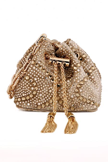 House Of Bio_Gold Crystal Studded Mini Bucket Bag_Online_at_Aza_Fashions