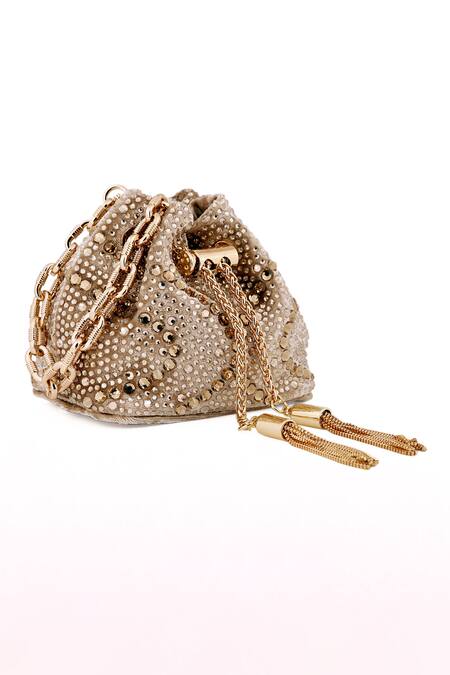 Buy_House Of Bio_Gold Crystal Studded Mini Bucket Bag_Online_at_Aza_Fashions