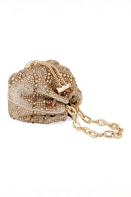 Shop_House Of Bio_Gold Crystal Studded Mini Bucket Bag_Online_at_Aza_Fashions