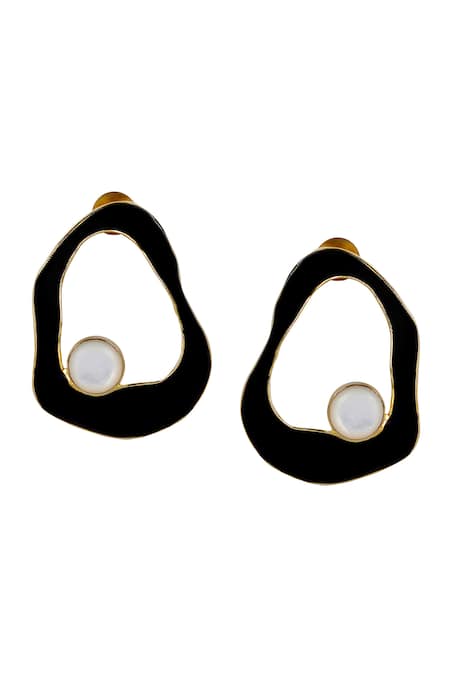 Shop Varnika Arora Black Embroidery, Pearls Frost Enameled Earrings at Aza Fashions Shop_Varnika Arora_Black Embroidery, Pearls Frost Enameled Earrings _at_Aza_Fashions