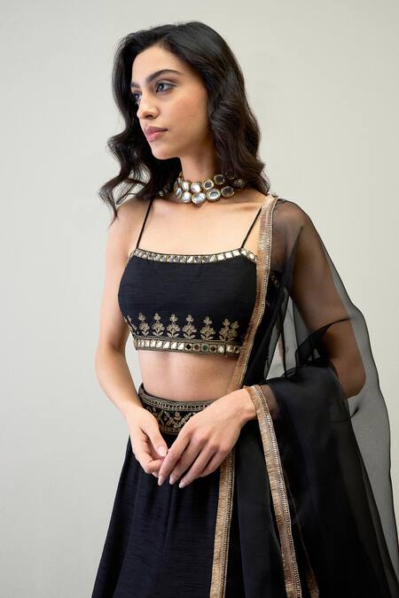 Buy_Roohbyridhimaa_Black Silk Organza, Viscose Sequins, Mirrors, Embroidery Damini Lehenga Set _Online_at_Aza_Fashions