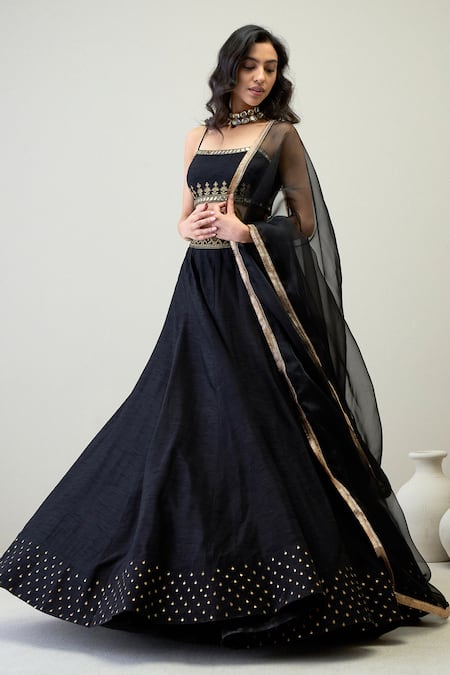Shop_Roohbyridhimaa_Black Silk Organza, Viscose Sequins, Mirrors, Embroidery Damini Lehenga Set _Online_at_Aza_Fashions