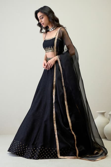 Roohbyridhimaa_Black Silk Organza, Viscose Sequins, Mirrors, Embroidery Damini Lehenga Set _at_Aza_Fashions