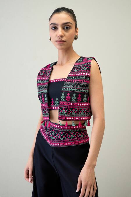 Roohbyridhimaa Black Silk, Chanderi Embroidery Square Neck Dastak Mirror Jacket And Pant Set Online at Aza Fashions Roohbyridhimaa_Black Silk, Chanderi Embroidery Square Neck Dastak Mirror Jacket And Pant Set _Online_at_Aza_Fashions