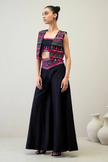 Buy Roohbyridhimaa Black Silk, Chanderi Embroidery Square Neck Dastak Mirror Jacket And Pant Set Online at Aza Fashions Buy_Roohbyridhimaa_Black Silk, Chanderi Embroidery Square Neck Dastak Mirror Jacket And Pant Set _Online_at_Aza_Fashions