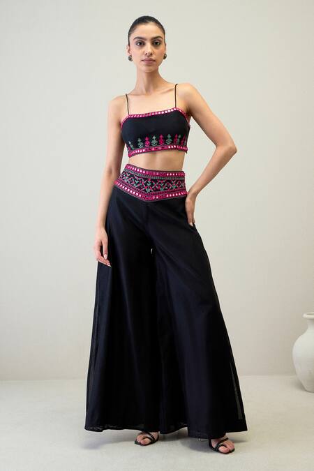 Shop Roohbyridhimaa Black Silk, Chanderi Embroidery Square Neck Dastak Mirror Jacket And Pant Set Online at Aza Fashions Shop_Roohbyridhimaa_Black Silk, Chanderi Embroidery Square Neck Dastak Mirror Jacket And Pant Set _Online_at_Aza_Fashions