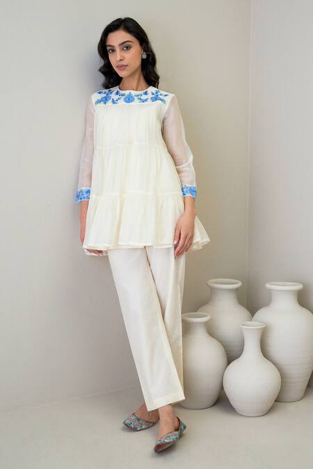 Buy Roohbyridhimaa Ivory , , Embroidery Round Jaya Short Kurta With Pant Online at Aza Fashions Buy_Roohbyridhimaa_Ivory , , Embroidery Round Jaya Short Kurta With Pant _Online_at_Aza_Fashions