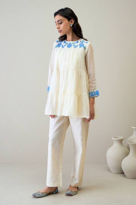 Shop Roohbyridhimaa Ivory , , Embroidery Round Jaya Short Kurta With Pant Online at Aza Fashions Shop_Roohbyridhimaa_Ivory , , Embroidery Round Jaya Short Kurta With Pant _Online_at_Aza_Fashions