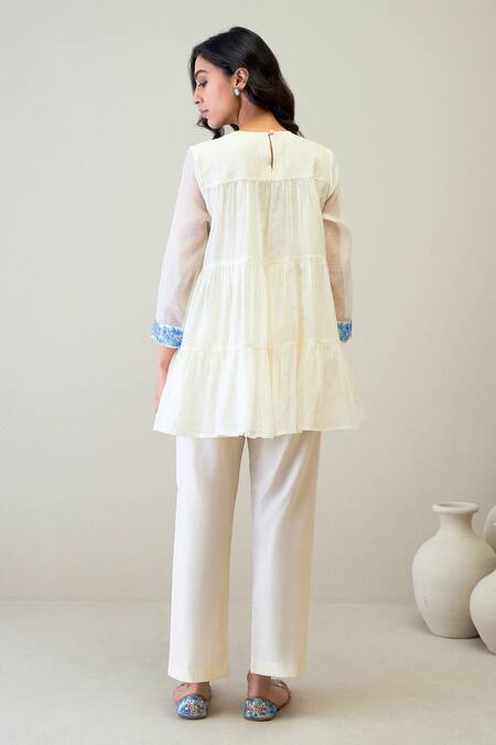 Shop Roohbyridhimaa Ivory , , Embroidery Round Jaya Short Kurta With Pant at Aza Fashions Shop_Roohbyridhimaa_Ivory , , Embroidery Round Jaya Short Kurta With Pant _at_Aza_Fashions