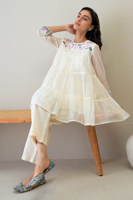 Shop Roohbyridhimaa Ivory Silk, Chanderi Embroidery Round Neck Jaya Short Tiered Kurta With Pant Online at Aza Fashions Shop_Roohbyridhimaa_Ivory Silk, Chanderi Embroidery Round Neck Jaya Short Tiered Kurta With Pant _Online_at_Aza_Fashions