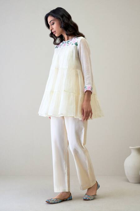 Roohbyridhimaa Ivory Silk, Chanderi Embroidery Round Neck Jaya Short Tiered Kurta With Pant at Aza Fashions Roohbyridhimaa_Ivory Silk, Chanderi Embroidery Round Neck Jaya Short Tiered Kurta With Pant _at_Aza_Fashions