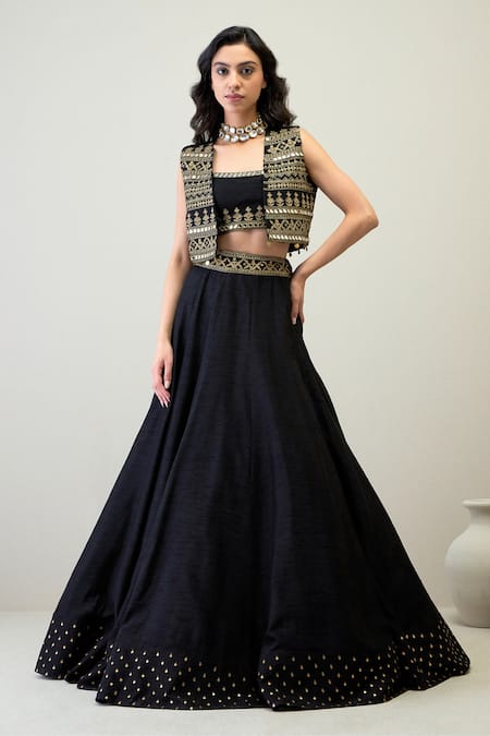 RoohbyRidhimaa Black Viscose Raw Silk Embroidered Mirror Kamini Lehenga Set With Jacket 