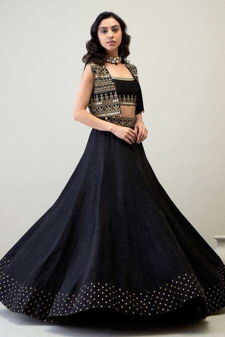 Roohbyridhimaa Black Viscose, Silk Mirrors, Zari, Embroidery Kamini Lehenga Set With Jacket Online at Aza Fashions Roohbyridhimaa_Black Viscose, Silk Mirrors, Zari, Embroidery Kamini Lehenga Set With Jacket _Online_at_Aza_Fashions