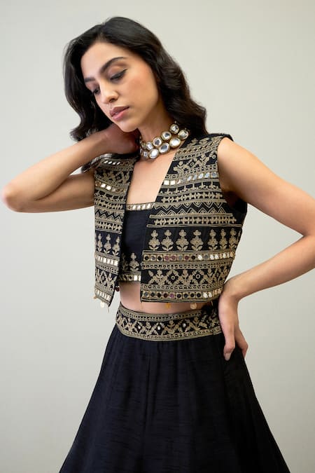 Buy Roohbyridhimaa Black Viscose, Silk Mirrors, Zari, Embroidery Kamini Lehenga Set With Jacket Online at Aza Fashions Buy_Roohbyridhimaa_Black Viscose, Silk Mirrors, Zari, Embroidery Kamini Lehenga Set With Jacket _Online_at_Aza_Fashions