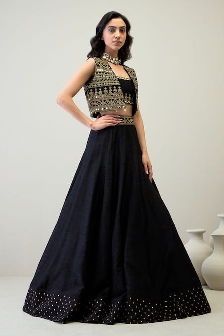 Roohbyridhimaa Black Viscose, Silk Mirrors, Zari, Embroidery Kamini Lehenga Set With Jacket at Aza Fashions Roohbyridhimaa_Black Viscose, Silk Mirrors, Zari, Embroidery Kamini Lehenga Set With Jacket _at_Aza_Fashions