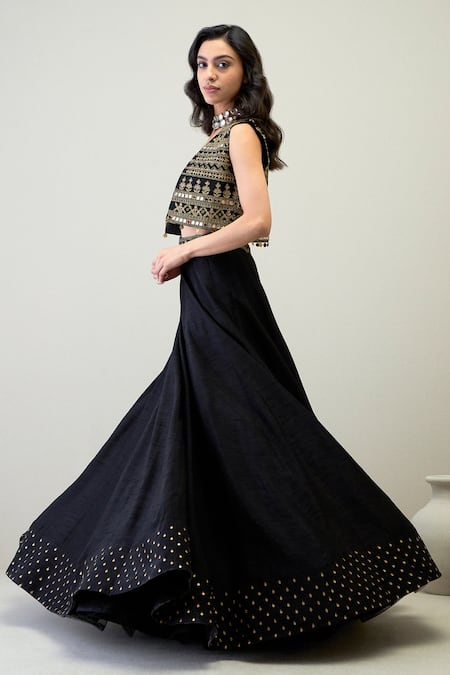 Shop Roohbyridhimaa Black Viscose, Silk Mirrors, Zari, Embroidery Kamini Lehenga Set With Jacket at Aza Fashions Shop_Roohbyridhimaa_Black Viscose, Silk Mirrors, Zari, Embroidery Kamini Lehenga Set With Jacket _at_Aza_Fashions