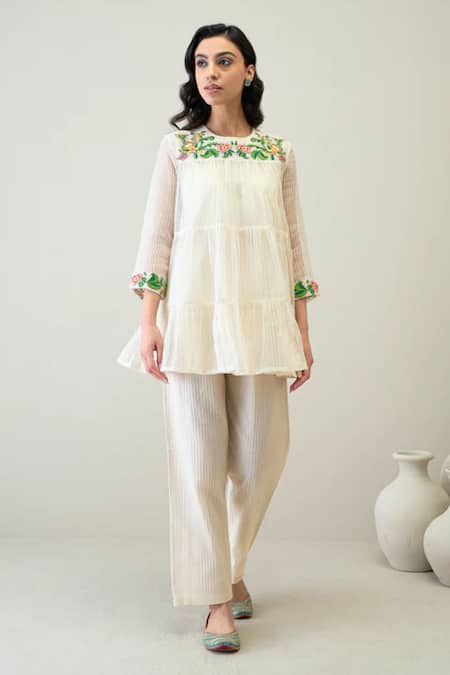 Shop Roohbyridhimaa Ivory Handloom Cotton, Silk Organza Embroidery Round Mira Short Kurta With Pant at Aza Fashions Shop_Roohbyridhimaa_Ivory Handloom Cotton, Silk Organza Embroidery Round Mira Short Kurta With Pant _at_Aza_Fashions