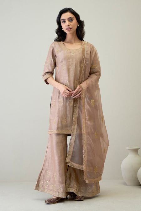 RoohbyRidhimaa Brown Viscose Raw Silk Embroidered Zari Round Naaz Floral Kurta Gharara Set 