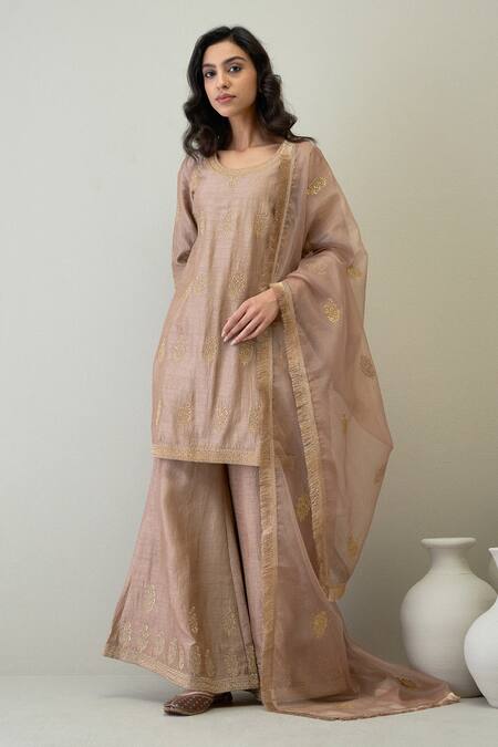 Roohbyridhimaa_Brown Silk Organza, Viscose Zari Round Naaz Floral Embroidered Kurta Gharara Set _Online_at_Aza_Fashions