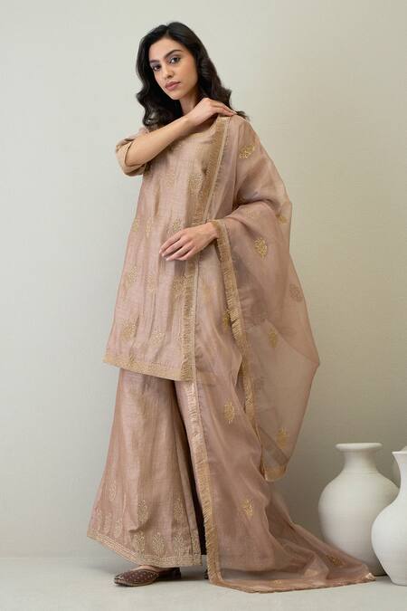 Buy_Roohbyridhimaa_Brown Silk Organza, Viscose Zari Round Naaz Floral Embroidered Kurta Gharara Set _Online_at_Aza_Fashions