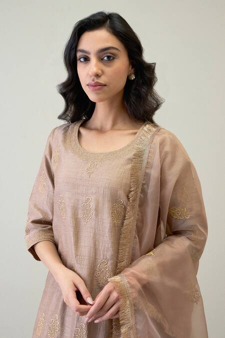 Shop_Roohbyridhimaa_Brown Silk Organza, Viscose Zari Round Naaz Floral Embroidered Kurta Gharara Set _Online_at_Aza_Fashions