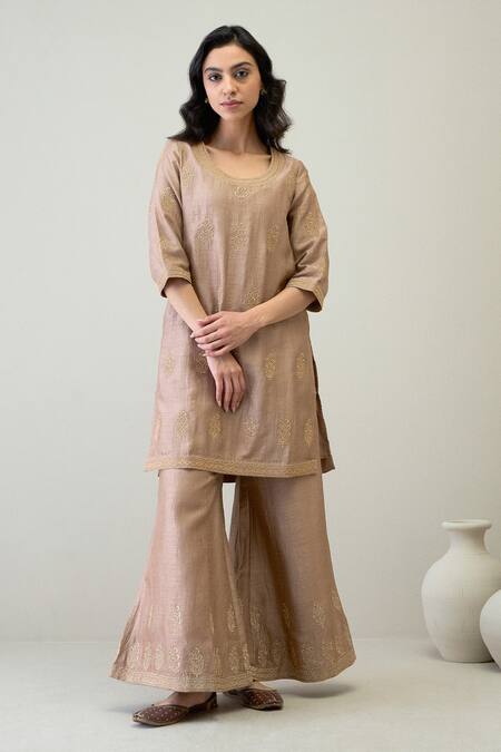 Roohbyridhimaa_Brown Silk Organza, Viscose Zari Round Naaz Floral Embroidered Kurta Gharara Set _at_Aza_Fashions