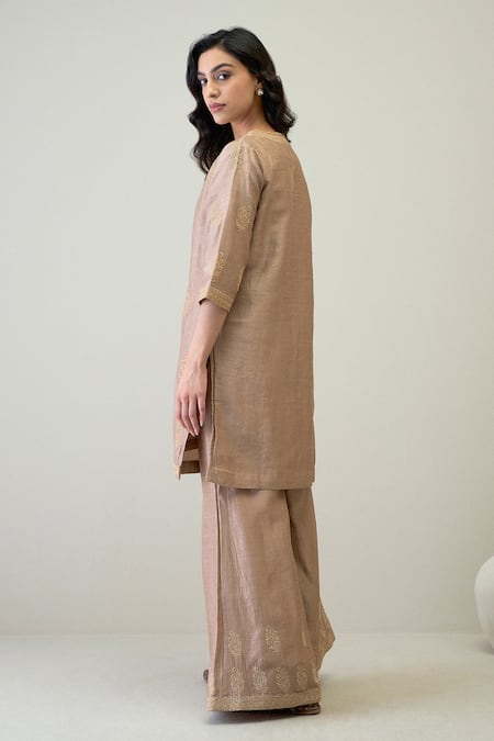 Shop_Roohbyridhimaa_Brown Silk Organza, Viscose Zari Round Naaz Floral Embroidered Kurta Gharara Set _at_Aza_Fashions