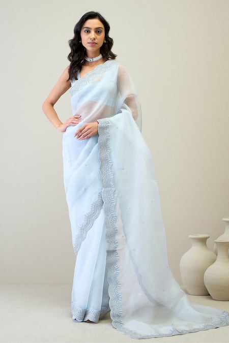 RoohbyRidhimaa Blue Silk Organza Embroidered Zari Nehaar Saree With Unstitched Blouse Piece 