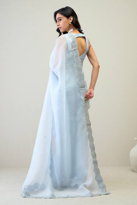 Shop Roohbyridhimaa Blue Silk Organza Zari, Nehaar Embroidered Saree With Unstitched Blouse Piece at Aza Fashions Shop_Roohbyridhimaa_Blue Silk Organza Zari, Nehaar Embroidered Saree With Unstitched Blouse Piece _at_Aza_Fashions