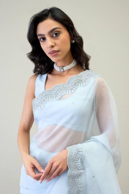 Roohbyridhimaa Blue Silk Organza Zari, Nehaar Embroidered Saree With Unstitched Blouse Piece Online at Aza Fashions Roohbyridhimaa_Blue Silk Organza Zari, Nehaar Embroidered Saree With Unstitched Blouse Piece _Online_at_Aza_Fashions