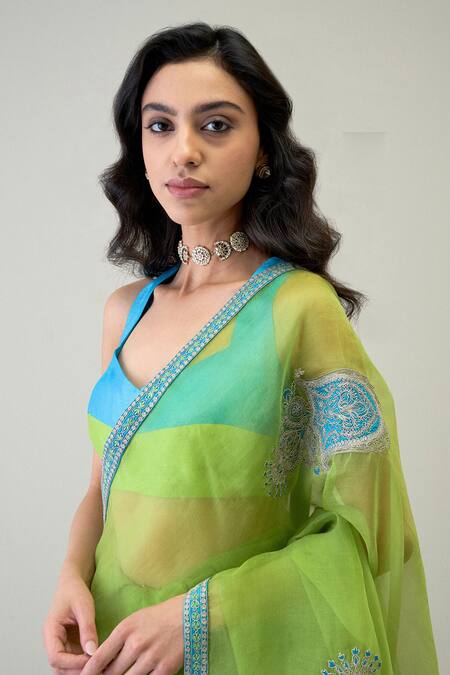 Roohbyridhimaa_Green Silk Organza Zari, Parver Embroidered Saree With Unstitched Blouse Piece _Online_at_Aza_Fashions