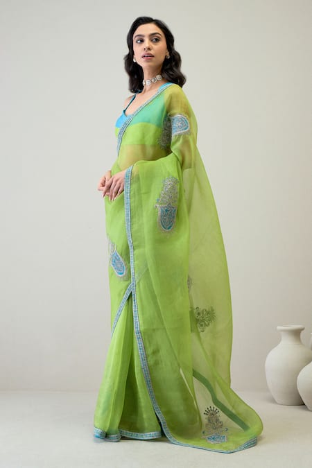 Buy_Roohbyridhimaa_Green Silk Organza Zari, Parver Embroidered Saree With Unstitched Blouse Piece _Online_at_Aza_Fashions