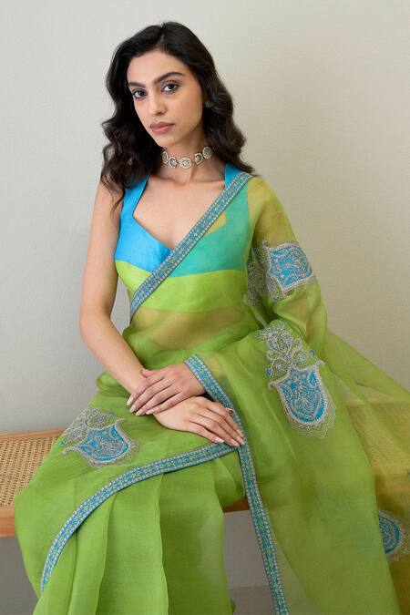 Shop_Roohbyridhimaa_Green Silk Organza Zari, Parver Embroidered Saree With Unstitched Blouse Piece _Online_at_Aza_Fashions