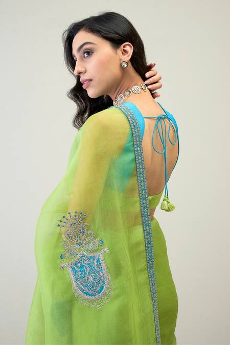 Roohbyridhimaa_Green Silk Organza Zari, Parver Embroidered Saree With Unstitched Blouse Piece _at_Aza_Fashions