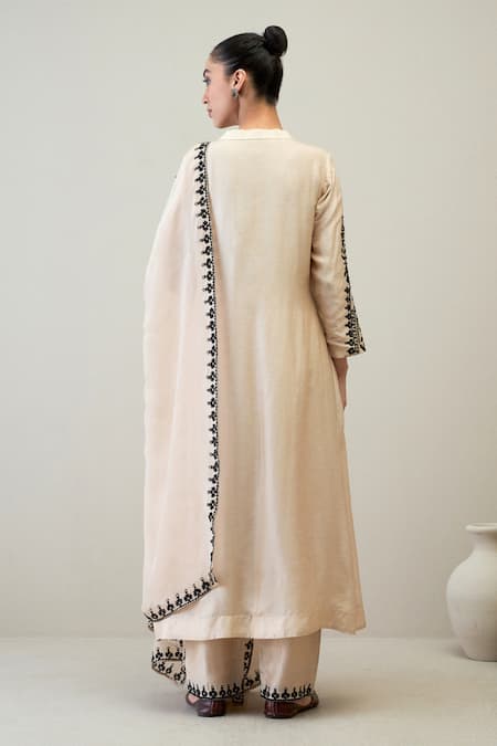 Shop_Roohbyridhimaa_Beige Silk Organza, Viscose Embroidery Split Revati Floral Butta Kurta Pant Set _at_Aza_Fashions