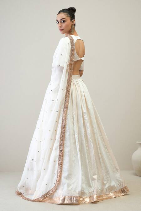 Shop_Roohbyridhimaa_White Chanderi, Silk Organza Gota Patti, Sequins Shwet Embroidered Lehenga Set_at_Aza_Fashions