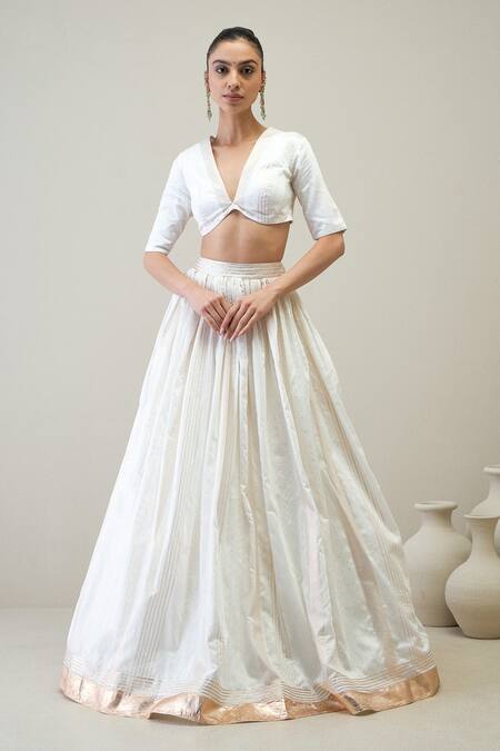 Roohbyridhimaa_White Chanderi, Silk Organza Gota Patti, Sequins Shwet Embroidered Lehenga Set_Online_at_Aza_Fashions