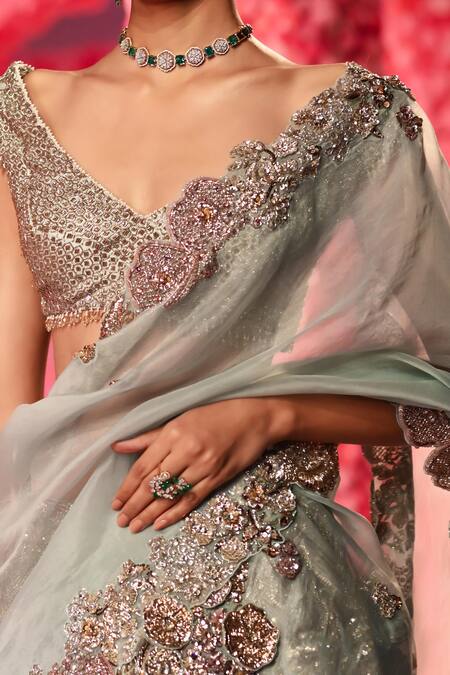 Dolly J Green Silk Crystals, Pearls V-neck Gabrielle Raw Embroidered Lehenga Set Online at Aza Fashions Dolly J_Green Silk Crystals, Pearls V-neck Gabrielle Raw Embroidered Lehenga Set _Online_at_Aza_Fashions